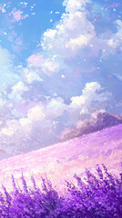 Fototapeta premium Lavender field under summer sky with soft sunlight and gentle clouds