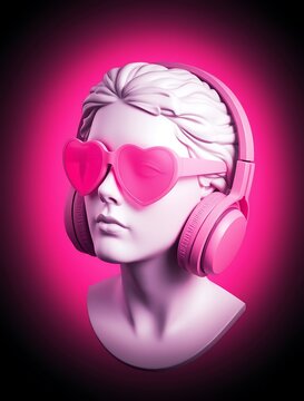 classical marble sculpture wears pink heart-shaped sunglasses and modern headphones, blending antiquity with contemporary pop culture. Perfect for stock uses in art, humor, and creative marketing.