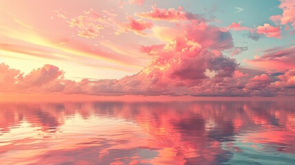 Vibrant pink and orange clouds floating above a still sea at sunset, their colors reflecting perfectly on the water