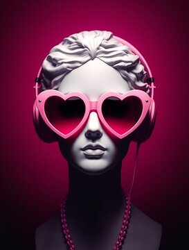 classical marble sculpture wears pink heart-shaped sunglasses and modern headphones, blending antiquity with contemporary pop culture. Perfect for stock uses in art, humor, and creative marketing.