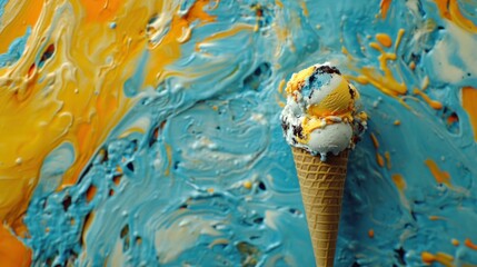 A colorful ice cream cone sits against a vibrant blue and orange abstract background, creating a joyful and artistic presentation.