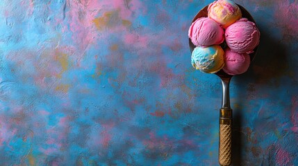 A vibrant image of a scoop filled with colorful ice cream scoops against a blue and pink textured background.