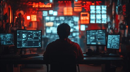 Dark Room with Multiple Computer Screens and Red Illuminated Walls