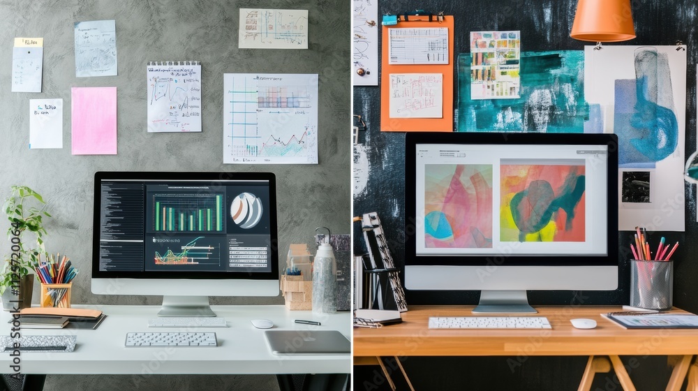 Fototapete a split-screen shows a minimalist workspace and an artistic setup, perfect for creative professional