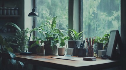 Fototapeta premium Cozy Home Office Setup with Plants and Natural Light in Simple Style