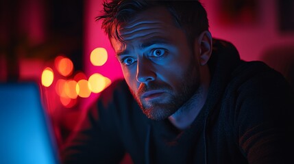 Intense Focus of Man Staring at Laptop in Dimly Lit Room