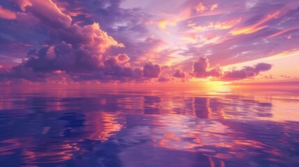 Vibrant purple and orange clouds hovering over a still sea at sunrise, creating stunning reflections on the water