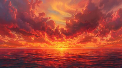 Fototapeta premium Vibrant red and orange clouds floating over a calm ocean at dawn, their colors creating a dramatic contrast with the serene water