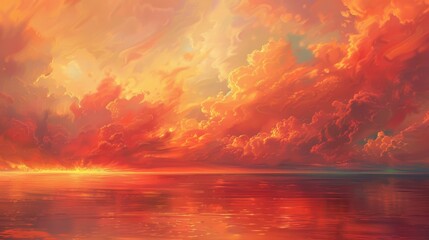 Vibrant red and orange clouds hovering above a serene sea at dawn, their colors casting a magical glow on the water