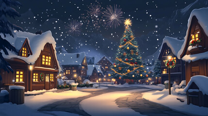 Fototapeta premium Enchanted Winter Village: A picturesque snowy village scene at night, featuring a majestic Christmas tree adorned with lights, cozy houses, and a magical snowfall under a firework display. 