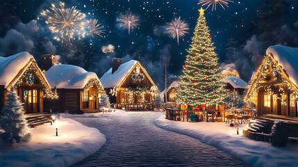 Winter Wonderland: A magical Christmas village, nestled amidst snow-covered cottages and twinkling lights, erupts in a dazzling display of fireworks.