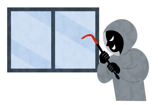 バールを持って窓に近づく犯罪者のベクターイラスト