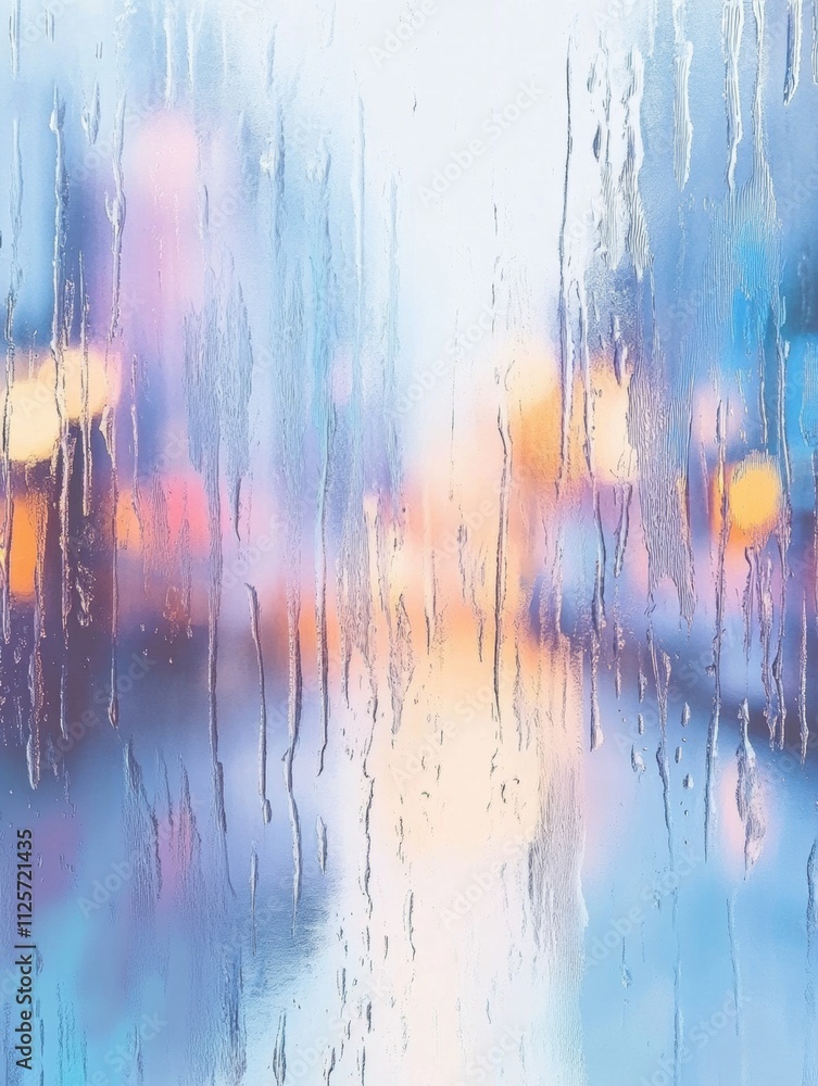 Leinwandbilder raindrops cling to the window, blurring the view of an empty street illuminated by soft lights, crea