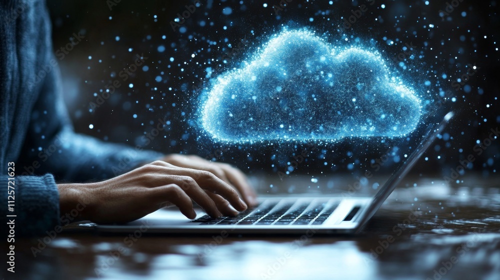 Poster digital cloud visualization above hands on laptop keyboard