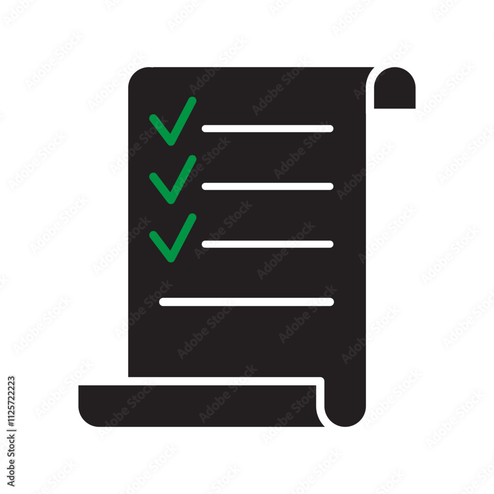 Poster checklist scroll icon. tick marks illustration. black and white vector. task management symbol.