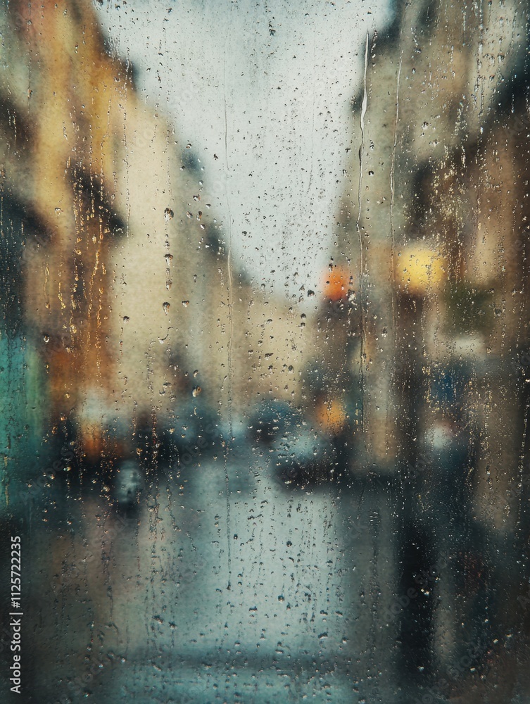 Aufkleber raindrops cling to the window, obscuring the view of an empty street as reflections shimmer on the w
