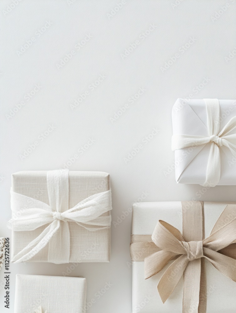 Aufkleber Gift wrapping items including elegant ribbons and blank cards are neatly arranged, offering a clean space for personalized text or notes. Generative AI