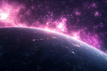 Obraz premium A stunning cosmic view of Earth against a vibrant purple galaxy backdrop.