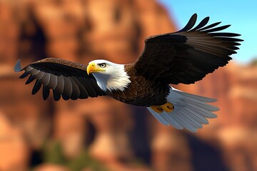 Obraz premium A 3D-rendered eagle flying through a canyon, with detailed rock formations and dynamic lighting highlighting its wings
