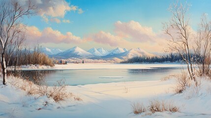Fototapeta premium Serene Winter Landscape With Snowy Mountains And Frozen Lake