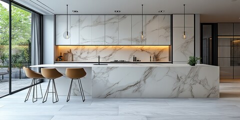 Modern kitchen with marble island, pendant lights, and three bar stools.