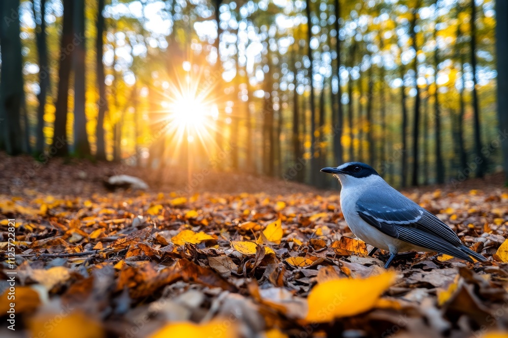 Poster A bird lying motionless on the forest floor, surrounded by fallen leaves and soft light filtering through the trees