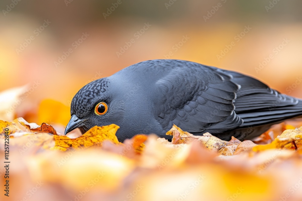 Poster A bird lying motionless on the forest floor, surrounded by fallen leaves and soft light filtering through the trees