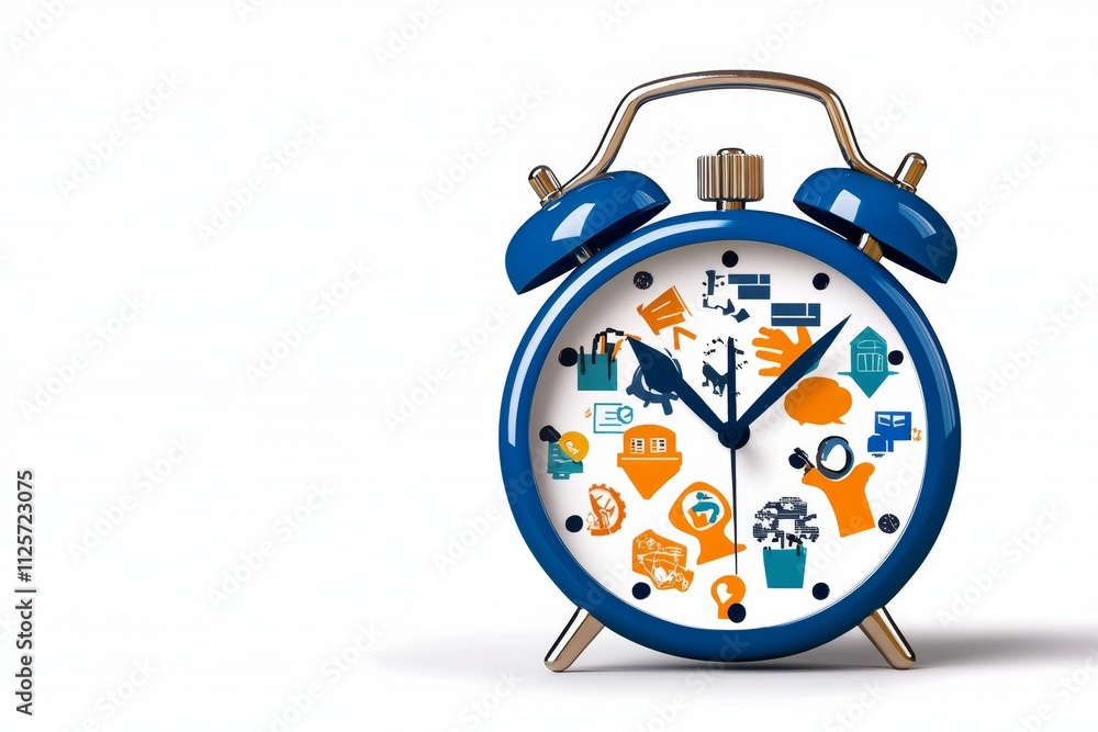 Poster A clean 2D illustration of a stopwatch with vibrant icons representing tasks being completed efficiently, set on a white background