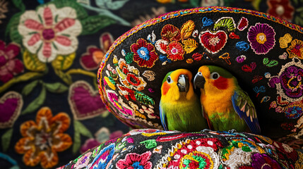 Two lovebirds nestled in a large, ornate charro hat (traditional Mexican cowboy hat) decorated with floral embroidery, hearts, and vibrant colors.