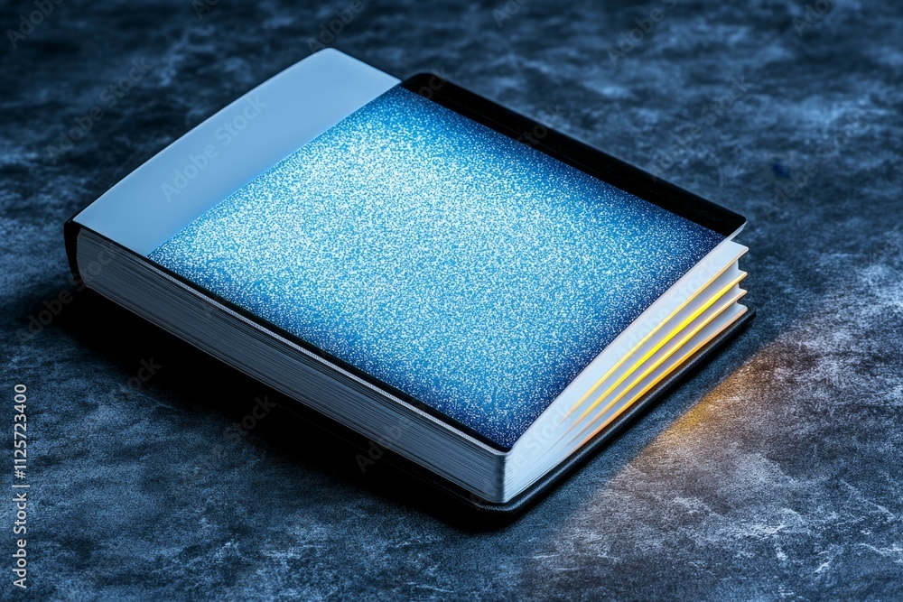 Poster a clean icon of an ebook reader with a glowing screen, illustrated in sharp black and white contrast