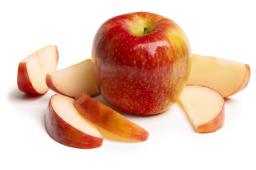 A high resolution image of a whole honey crisp apple with slices isolated on a clean white background.