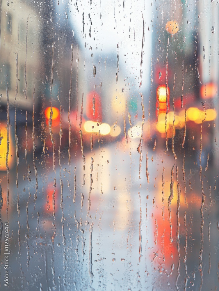Aufkleber raindrops cascade down a window, obscuring the view of an empty street and colorful city lights duri