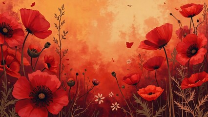 Vibrant Red Poppies Field, Orange Sunset Backdrop