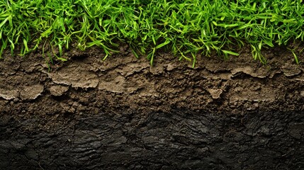 Cross-section of soil layers with vibrant grass on top