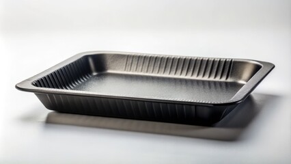 Side View of an Empty Disposable Black Paper Fast Food Tray Isolated on White Background for Culinary and Food Industry Stock Photography Needs