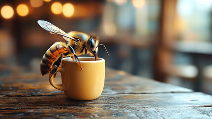 whimsical close-up of a bee perched on a miniature coffee mug, sipping as if on a break. Highlights the balance of nature's industriousness with humor and creativity in a surreal setting