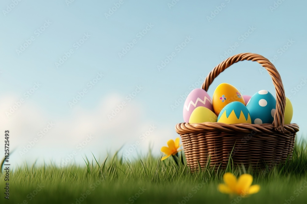 Poster a dreamy watercolor depiction of a basket of easter eggs resting in a meadow, with colorful flowers 