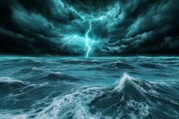 Fototapeta premium A dramatic storm scene with dynamic lightning bolts cutting through a dark sky over a turbulent ocean