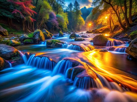 Stunning Night Photography:  Water Stream Luminograms, Long Exposure, Night Light Painting, Flowing Water, Dark Nature, Abstract Photography, Light Trails, River Luminography