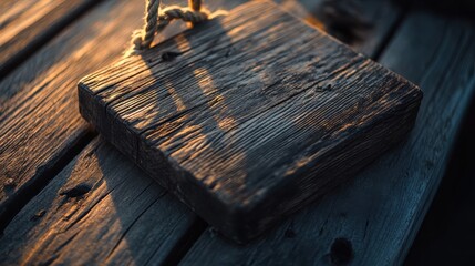 A handcrafted wooden plaque suspended by thick rope on a textured wooden surface, with golden hour lighting casting a serene glow, focusing on intricate imperfections and burnished edges