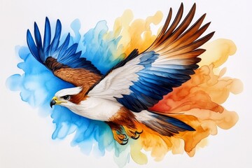 Obraz premium A dreamy watercolor depiction of an eagle in flight, its feathers blending seamlessly into the colorful background