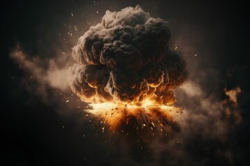 Image of big explosion with smoke and fire effects on dark background.