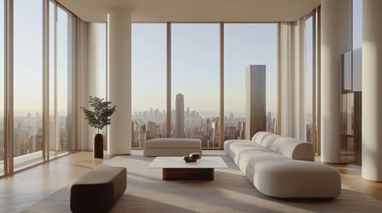 Modern apartment, city view, minimalist furniture.