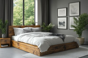 Modern bedroom with wooden platform bed, natural light, and minimalist decor.