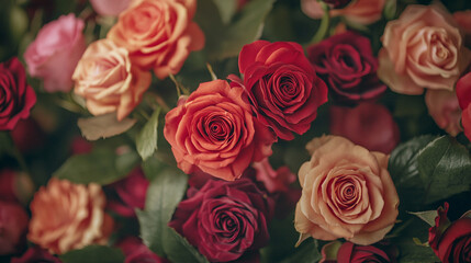 Roses in various colors create a romantic atmosphere for Valentine's Day celebration