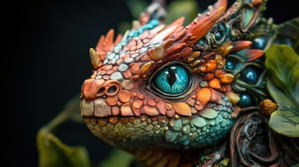 Obraz premium Close-up of a vibrant, intricately sculpted fantasy dragon figurine with bright blue eyes, orange, teal, and brown scales, set against a dark background.
