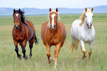 Fototapeta premium A dynamic chase scene featuring wild horses galloping through an open field, their manes and tails flying in the wind