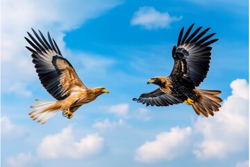 Obraz premium A dynamic photo of an eagle engaged in a territorial dispute with another bird, their wings and talons clashing mid-air