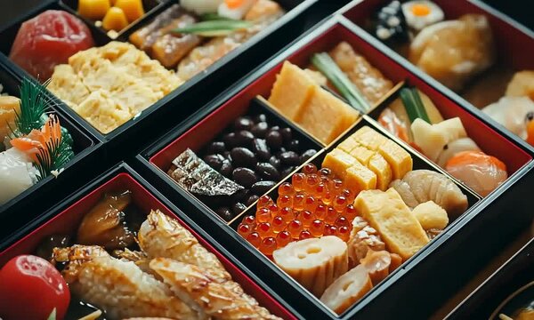 A Close-Up of a Traditional Japanese Osechi Ryori New Year's Cuisine Bento Box