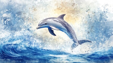 Obraz premium Dolphin Leaping Through Ocean Waves Artistic Watercolor Painting